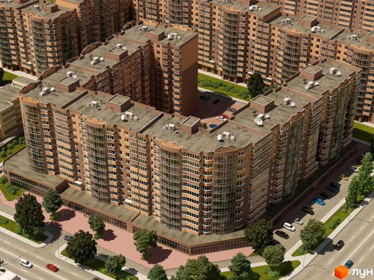 Зображення фасаду Житлового комплексу Набережний квартал. Вигляд на будівлю та прибудинкову територію з озелененням.