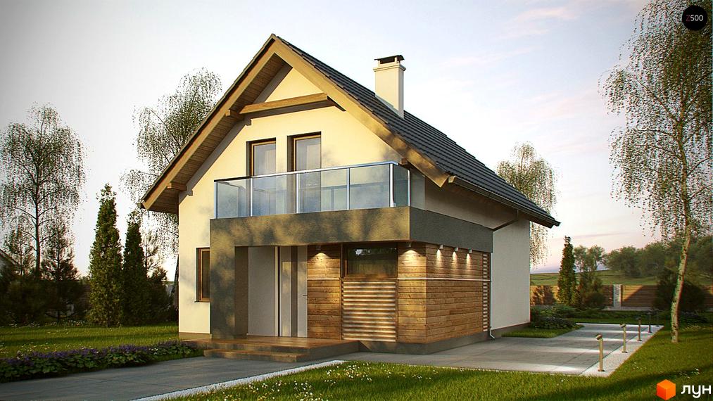 Двоповерховий будинок з балконом та дерев'яною обробкою фасаду. На подвір'ї газон, доріжка та дерева.