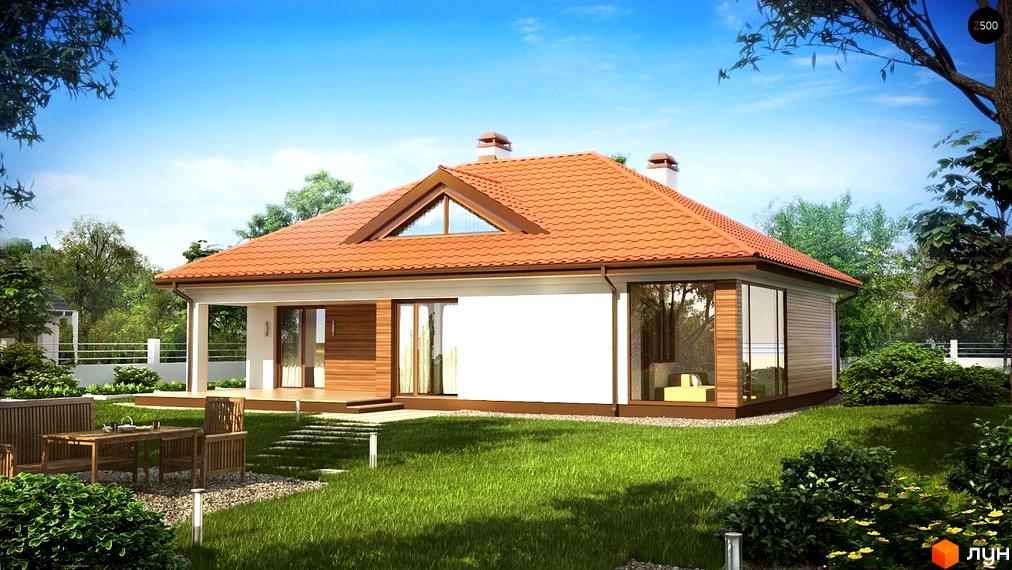 Одноповерховий будинок з терасою та панорамними вікнами. На прибудинковій території газон, дерева та доріжка з каменю.