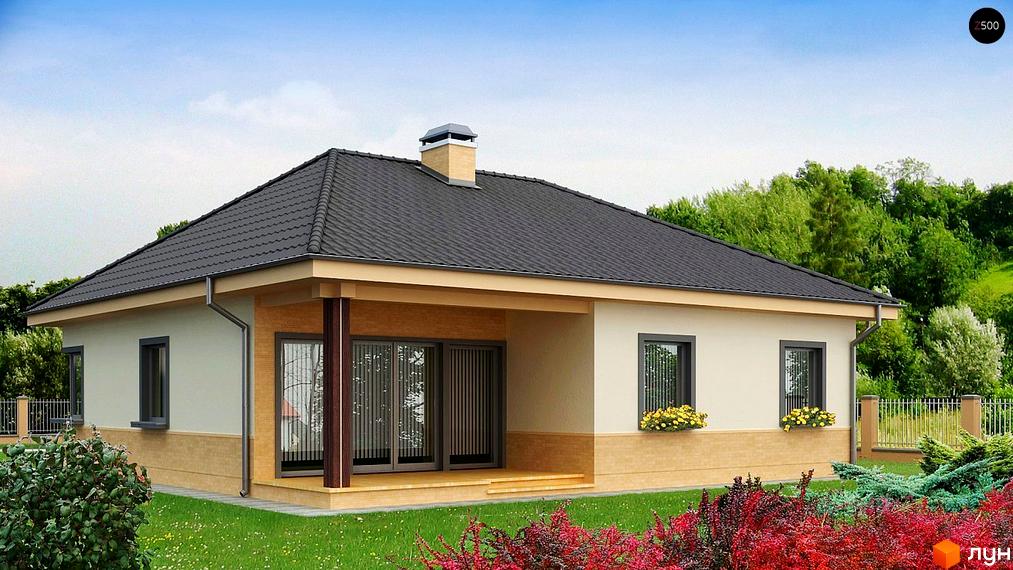 Одноповерховий будинок з темним дахом та терасою. Перед будинком газон та квіти, а також зелені насадження.