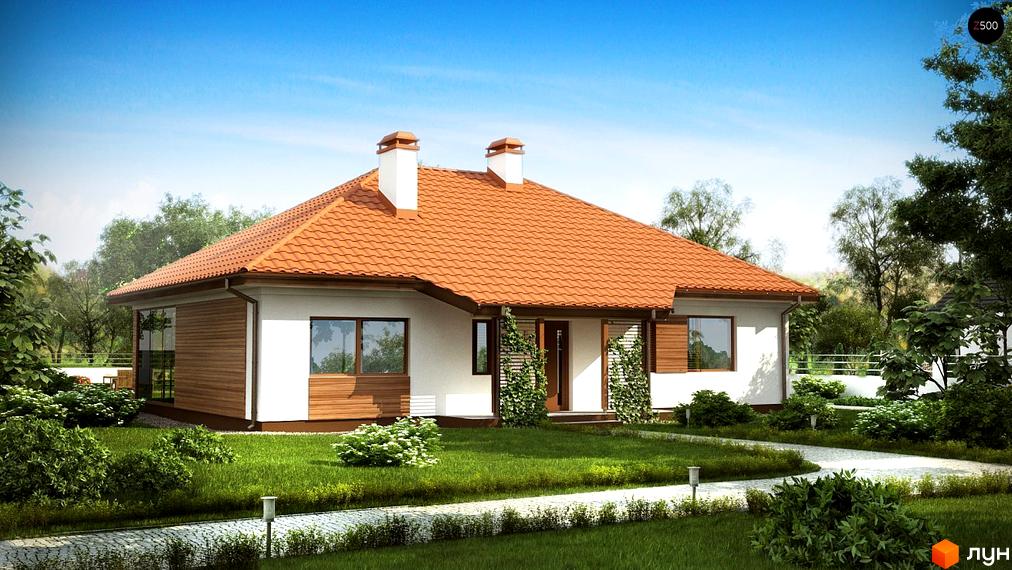 Одноповерховий будинок з теракотовим дахом та білими стінами. Перед будинком доглянутий газон, доріжка з бруківки та зелені насадження.