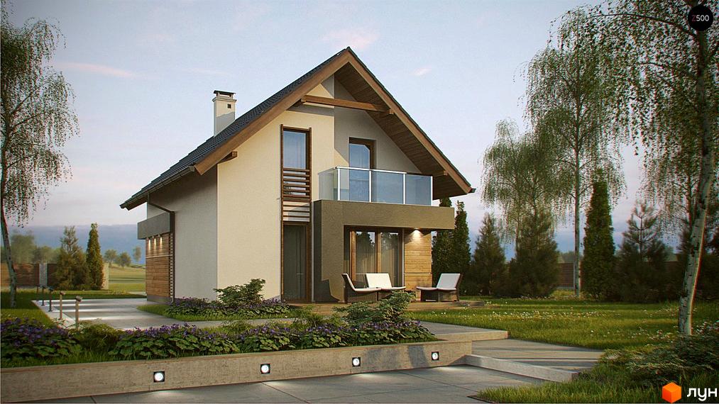 Будинок з двоскатним дахом та балконом. На прибудинковій території газон, дерева та квіти.