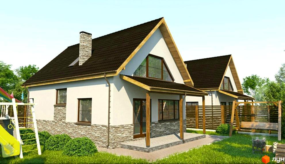 Зображення будинку Котеджного містечка Dream home. Двоповерховий будинок з коричневою черепицею та кам'яним цоколем. На території є дитячий майданчик та гойдалка.