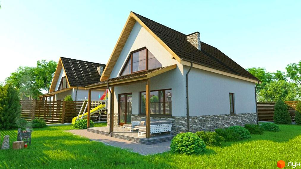 Двоповерховий будинок з двосхилим дахом та великими вікнами. На території є газон, кущі, дитячий майданчик та зона відпочинку.