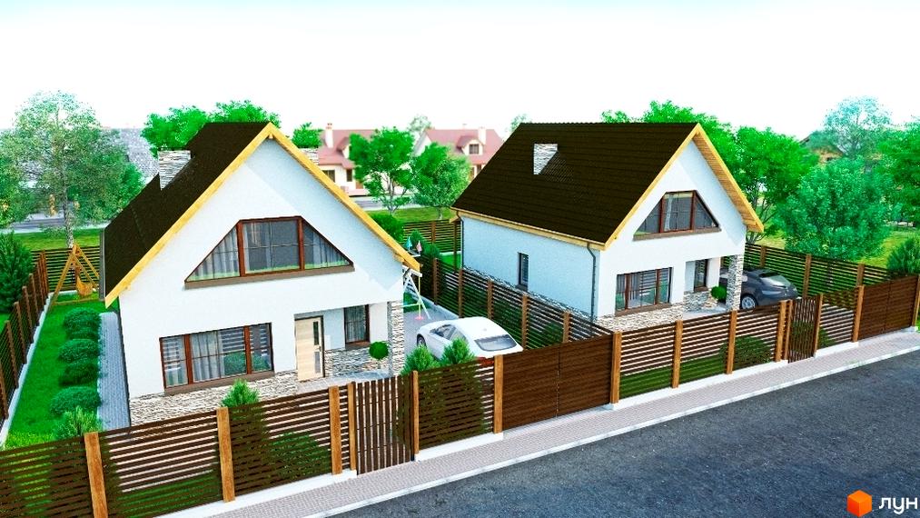 Два будинки з білими фасадами та коричневими дахами. На території є паркан, зелені насадження та автомобілі.