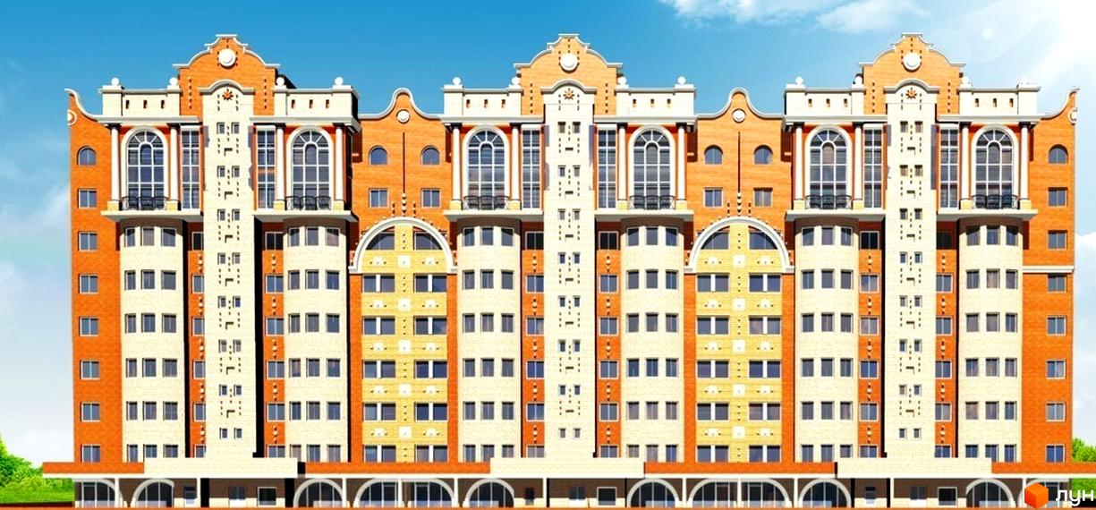 Багатоповерховий будинок ЖК Український з цегляним фасадом. На фасаді великі вікна та балкони. Небо блакитне.