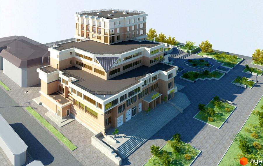 Комплекс Govard Plaza: світлий багатоповерховий будинок з комерційними приміщеннями. Прибудинкова територія з вимощеними доріжками та деревами.