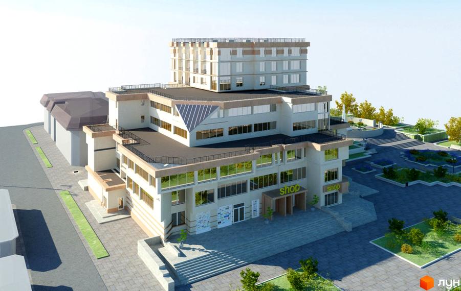 Житловий комплекс Govard Plaza має багатоповерхову будівлю зі світлим фасадом та великими вікнами. Прибудинкова територія включає вимощені доріжки, сходи та озеленені зони з деревами.