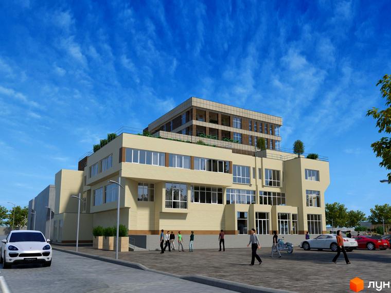 Житловий комплекс Govard Plaza зі світлим фасадом та багаторівневою структурою. Навколо будинку проїзд, пішоходи та припарковані авто.