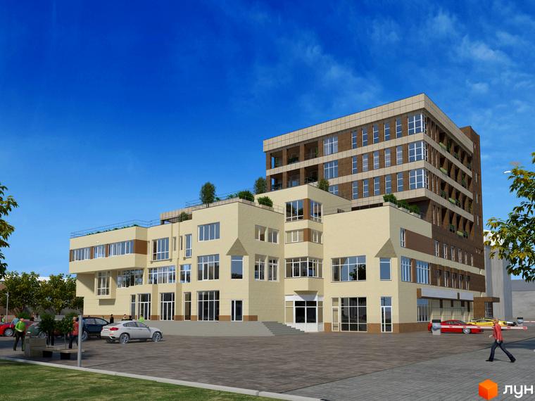 Новобудова Govard Plaza: багатоповерховий будинок світло-коричневих та бежевих відтінків з великими вікнами. На прибудинковій території є парковка та зелені насадження.