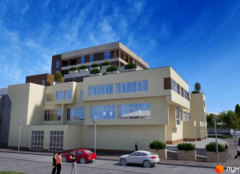 Житловий комплекс Govard Plaza: будівля зі світлим фасадом, великими вікнами та озелененими терасами. Навколо є пішохідні зони, припарковані авто та вуличні ліхтарі.