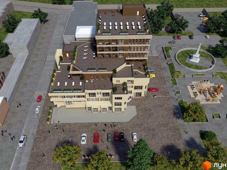 Житловий комплекс Govard Plaza з багаторівневими фасадами та терасами. Навколо комплексу є паркінг, дитячий майданчик та зелені зони з пам'ятником.