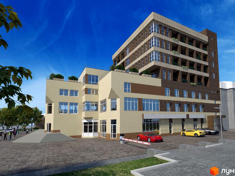 Житловий комплекс Govard Plaza: багатоповерхова будівля з бежевими та коричневими фасадами, балконами. Прибудинкова територія з парковкою та зеленню.