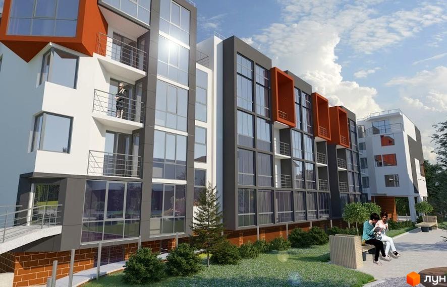 Житловий комплекс Brauhaus Gasse 2 з темно-сірим та білим фасадом, великими вікнами і помаранчевими елементами. На прибудинковій території зелені насадження та лавочки.