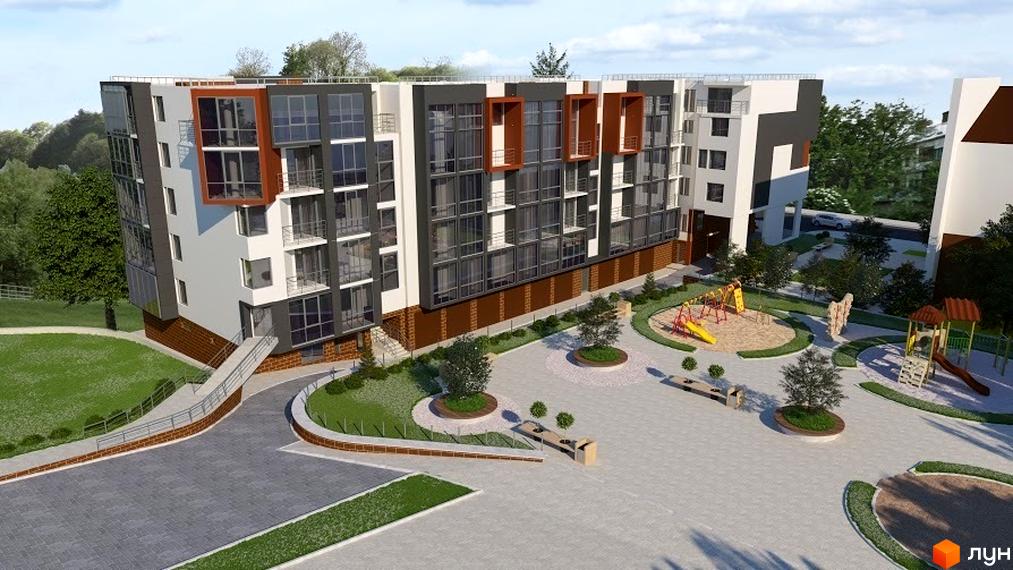 Житловий комплекс Brauhaus Gasse 2: будинки з білими та сірими фасадами, великими вікнами. Прибудинкова територія з дитячими майданчиками.