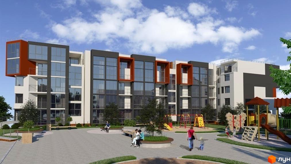 Житловий комплекс Brauhaus Gasse 2: багатоповерховий будинок зі світлими та темними фасадами, великими вікнами. На території є дитячий майданчик та зони відпочинку.