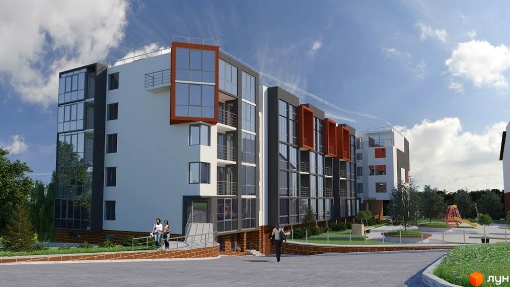 Житловий комплекс Brauhaus Gasse 2: багатоповерховий будинок з білими, сірими та помаранчевими фасадами. Територія з зеленню та дитячим майданчиком.