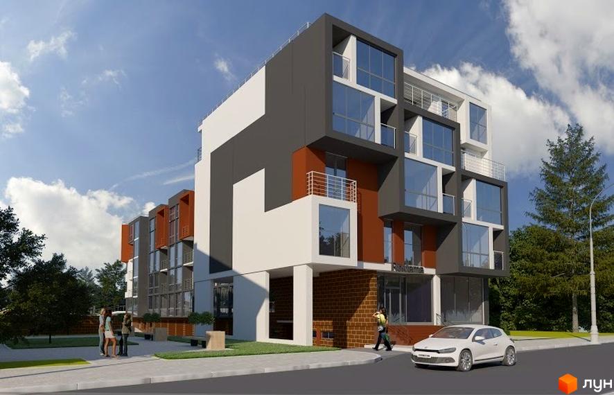 Житловий комплекс Brauhaus Gasse 2 з фасадом у білих, темно-сірих та теракотових тонах, великими вікнами та балконами. Поруч зелені насадження, пішохідна зона та дорога.