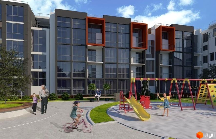 Новобудова Brauhaus Gasse 2 з темними вікнами та помаранчевими балконами. На прибудинковій території облаштовано дитячий майданчик та зелені зони.