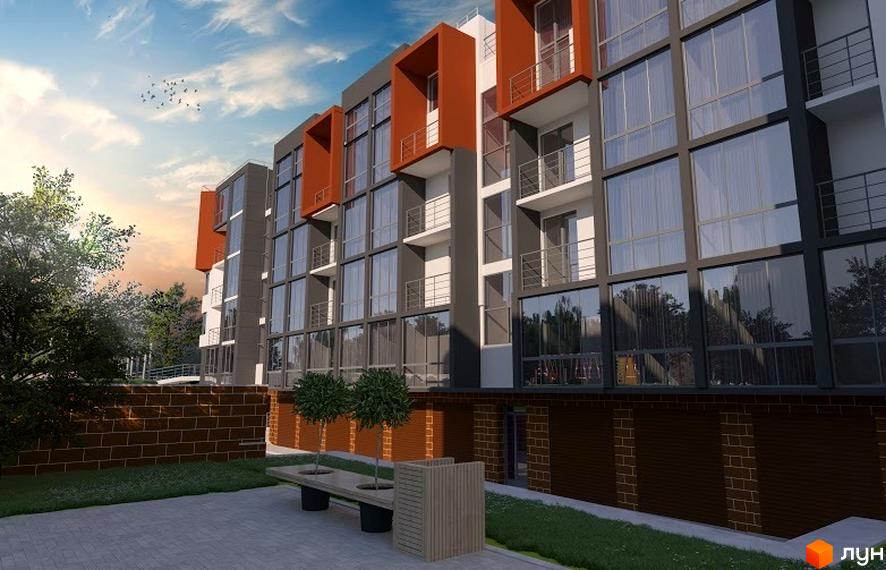 Житловий комплекс Brauhaus Gasse 2: багатоповерховий будинок з темно-сірим фасадом, великими вікнами та помаранчевими елементами. Перед ним брукований двір з газоном та деревами.