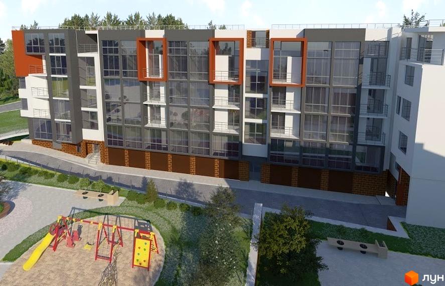 Житловий комплекс Brauhaus Gasse 2: багатоповерховий будинок з сірими та білими фасадами, великими вікнами та помаранчевими акцентами. Поруч дитячий майданчик.