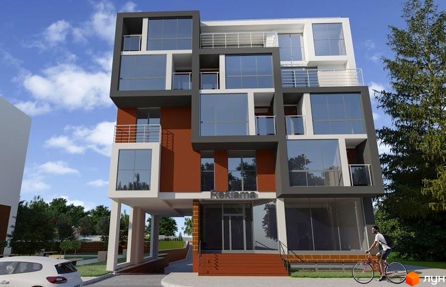 Житловий комплекс Brauhaus Gasse 2: багатоповерхова будівля з великими вікнами, темно-сірими рамами та фасадом теракотового й білого кольорів, оточена зеленню.