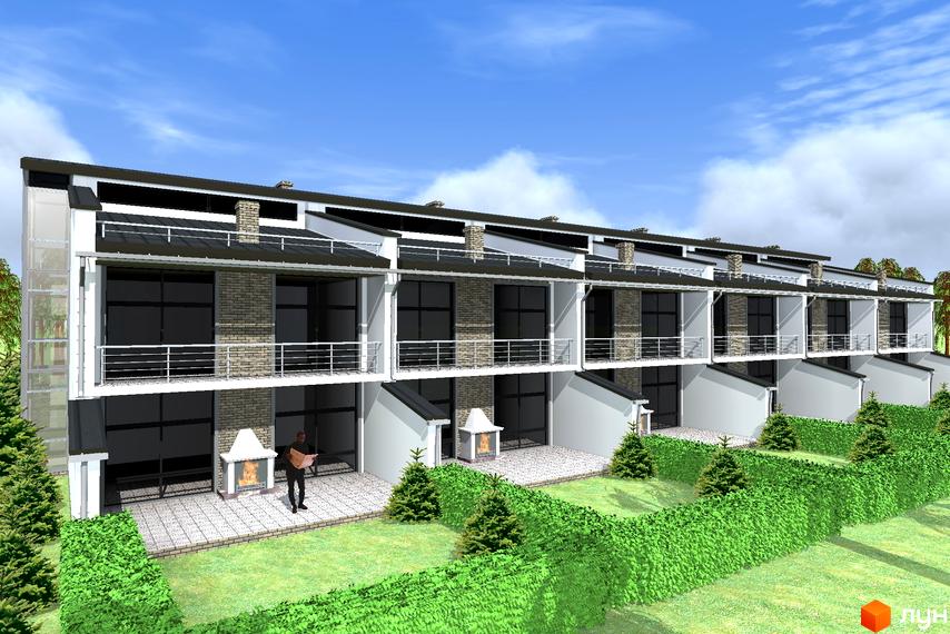 Котеджне містечко Хвиля: ряд двоповерхових будинків з балконами, цегляними фасадами та внутрішніми двориками з камінами. Перед будинками зелені газони та доріжки.