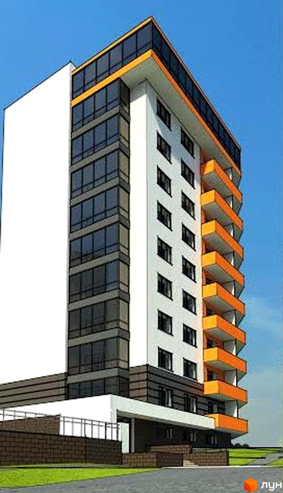 Багатоповерхова новобудова на вул. Тролейбусна з білими, темно-сірими фасадами, помаранчевими балконами та прибудинковою територією.