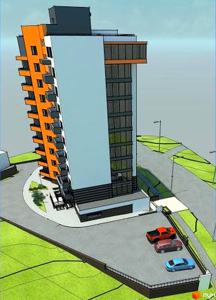 Новобудова з помаранчевими балконами та світло-блакитним фасадом з великими вікнами. Поруч розташовані парковка з автомобілями та зелені зони на вул. Тролейбусна.