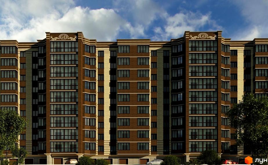 Житловий комплекс Golden Dream з коричневим цегляним фасадом, світлими елементами та логотипом GD на фасаді. Поруч зелені насадження.