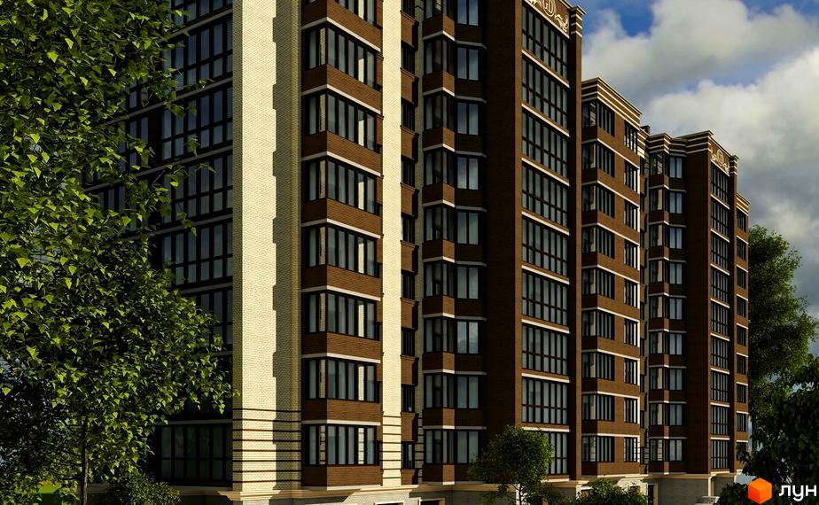 Житловий комплекс Golden Dream: багатоповерховий будинок з коричневої цегли та світлих фасадних елементів, оточений зеленими деревами.