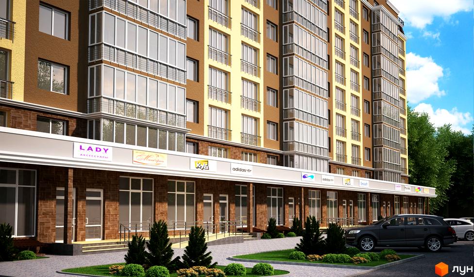 Житловий комплекс Академ містечко: багатоповерховий будинок з коричнево-жовтим фасадом, магазинами внизу. Прибудинкова територія з зеленими насадженнями та парковкою.