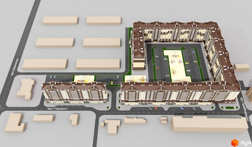 Житловий комплекс Академ містечко: багатоповерхові будинки з коричневими дахами та світлими фасадами, з внутрішніми дворами, парковками та дитячими майданчиками.