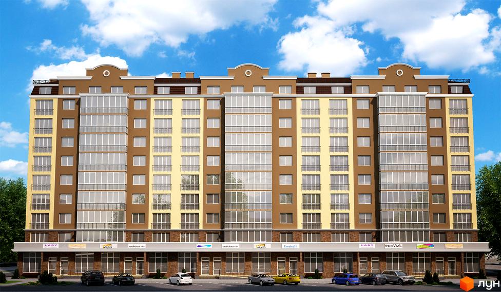 Житловий комплекс Академ містечко: будинок з коричнево-жовтим фасадом, скляними балконами та комерційними приміщеннями на першому поверсі. Попереду парковка.