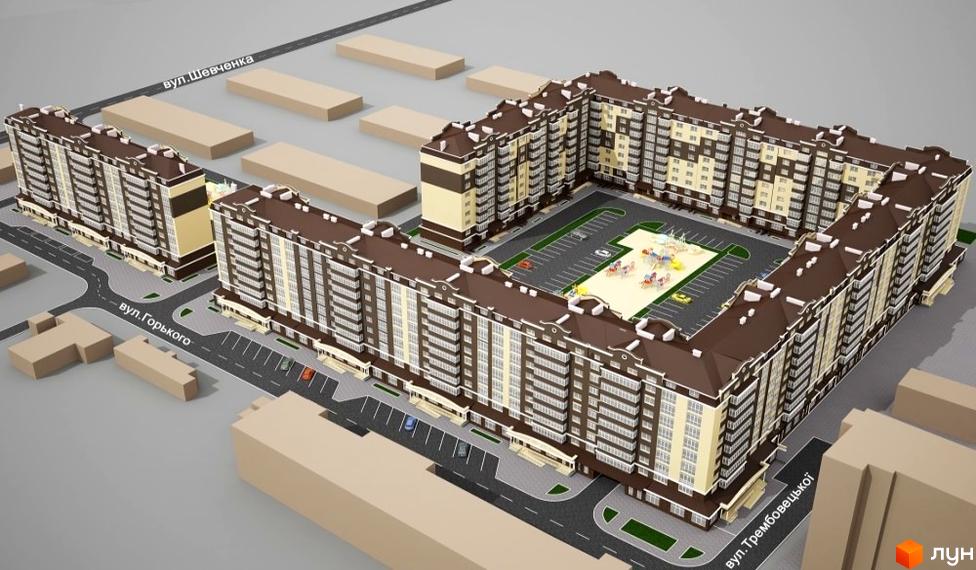 Житловий комплекс Академ містечко: вид зверху на багатосекційні будинки з коричневими дахами та внутрішнім двором з дитячим майданчиком і парковкою.