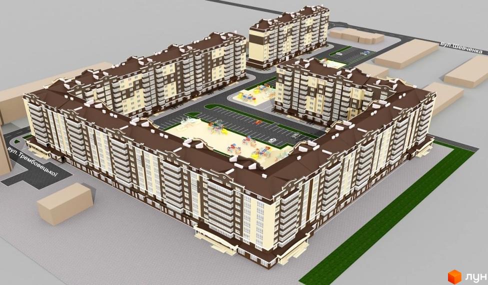 ЖК Академ містечко: багатоповерхові будинки з бежевими фасадами, коричневими дахами. Двір з дитячими майданчиками, парковками, поруч вул. Трембовецької, Шевченка.