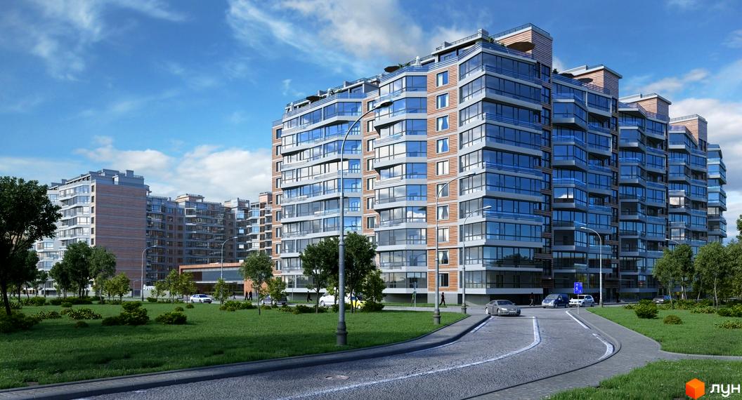 Житловий комплекс Imperial Park Avenue: багатоповерхові будинки зі скляними фасадами та балконами. Прибудинкова територія з зеленими газонами, деревами та дорогою.