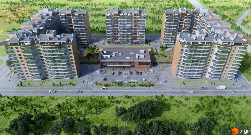 Житловий комплекс Imperial Park Avenue: висотні будинки з численними балконами та світлими фасадами, оточені дорогами, парковками та зеленими зонами.