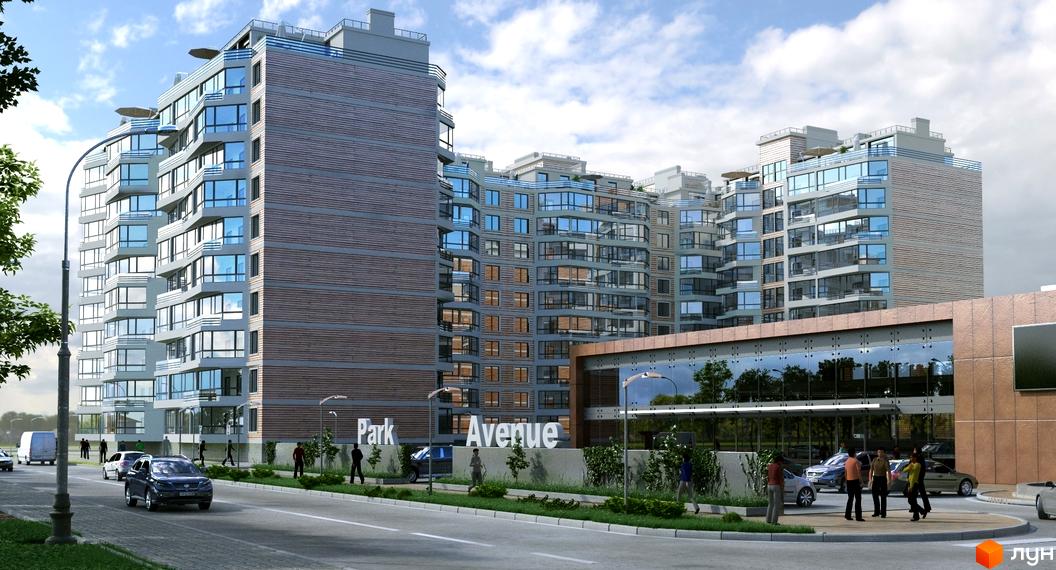 Житловий комплекс Imperial Park Avenue з багатоповерховими будівлями, вигнутими скляними фасадами та горизонтальними панелями. Перед комплексом дорога, автомобілі та зелень.