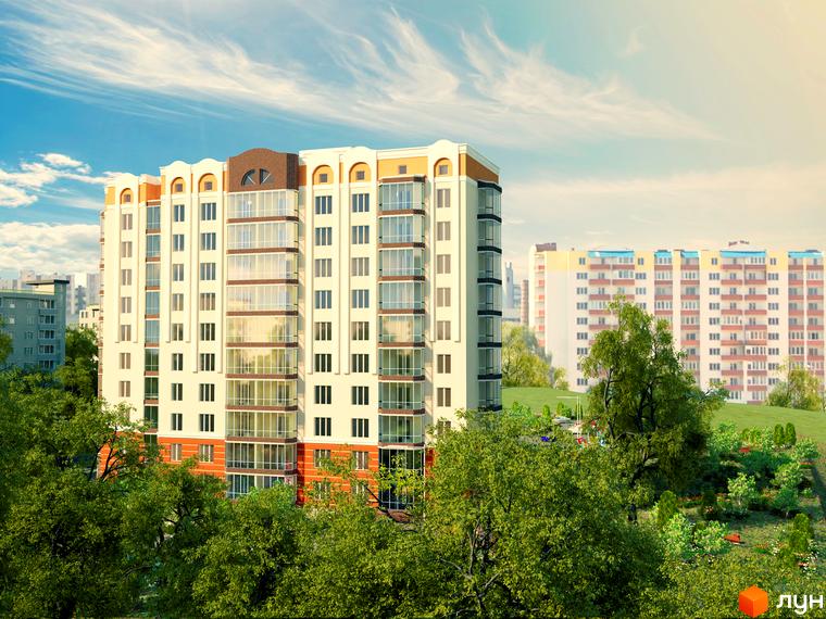 Житловий комплекс Затишний: багатоповерховий будинок світлого кольору з помаранчевими елементами та скляними балконами, оточений зеленими деревами.