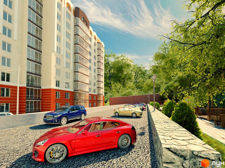 Житловий комплекс Затишний: багатоповерховий будинок світлого кольору з цегляними акцентами та скляними балконами. Прибудинкова територія з парковкою та зеленою зоною.