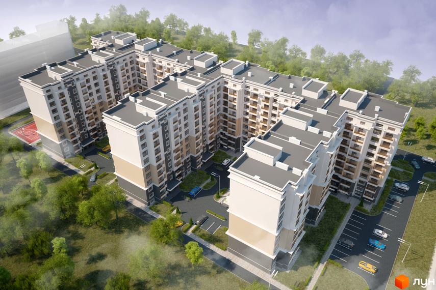 Зображення Житлового району Львівська Мрія (Рубчака). Багатоповерхові будинки з паркінгом та зеленими насадженнями навколо.