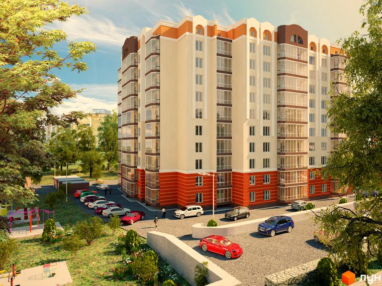 Багатоповерховий будинок Житловий комплекс Затишний з бежевими та помаранчевими фасадами, скляними балконами. Прибудинкова територія з парковкою та зеленими насадженнями.