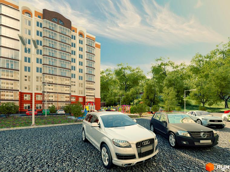 Житловий комплекс Затишний: багатоповерховий будинок світлого кольору з великими вікнами. Прибудинкова територія має парковку та зелені насадження.