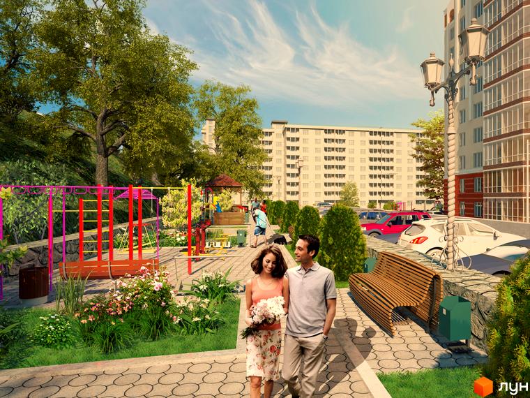 Житловий комплекс Затишний: багатоповерховий будинок з балконами та доглянута прибудинкова територія з дитячим майданчиком та парковою зоною.