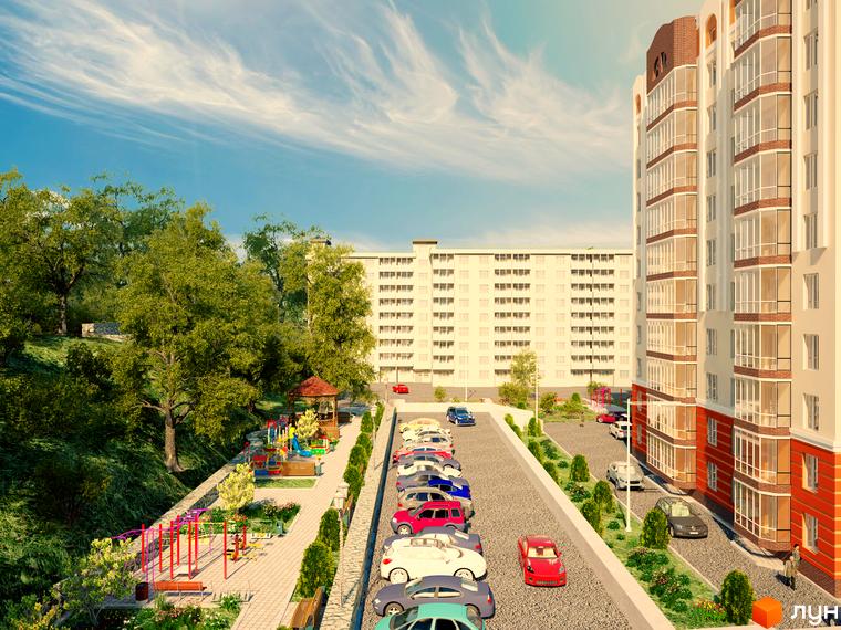 Житловий комплекс Затишний: багатоповерховий будинок світлого кольору з цегляними елементами. Прибудинкова територія має парковку, дитячий та спортивний майданчики.