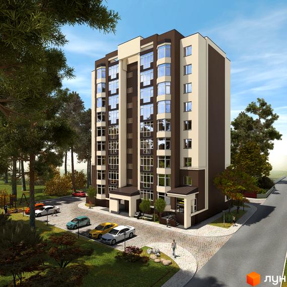 Висотна будівля житлового комплексу Green Life-2 з панорамними вікнами. На прибудинковій території є парковка, зелені насадження та дитячий майданчик.