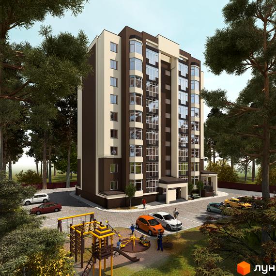 Зовнішній вигляд новобудови ЖК Green Life-2 з коричнево-бежевим фасадом, великими вікнами та прибудинковою територією з дитячим майданчиком та парковкою.