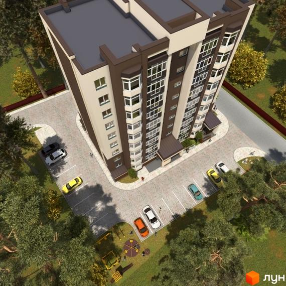 Висотна будівля ЖК Green Life-2 з парковкою та дитячим майданчиком. Новобудова має світлий фасад з темними вставками та панорамними вікнами.