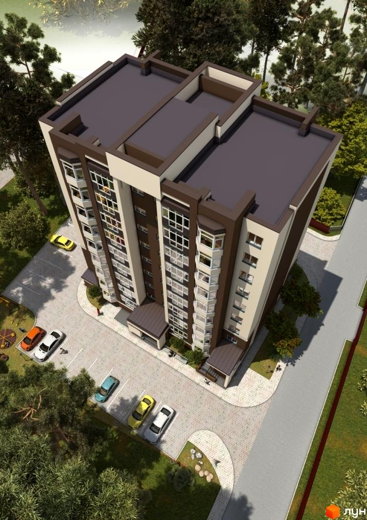 Зовнішній вигляд новобудови ЖК Green Life-2 з паркінгом та дитячим майданчиком. Фото з висоти пташиного польоту.